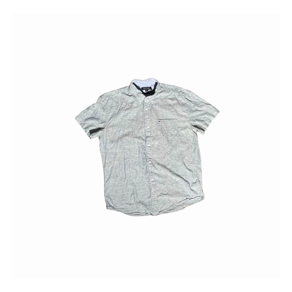 Tommy Hilfiger Mens XL Light Blue Linen Blend Short Sleeve Button Down Shirt